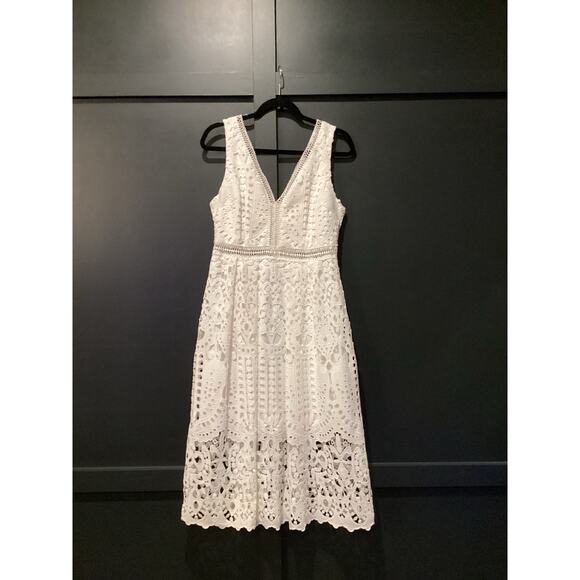 Boston Proper mixed media white lace crochet eyelet v neck sleeveless midi dress - Picture 1 of 8